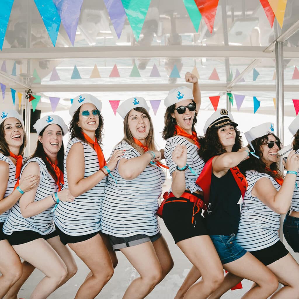 Hen party dressed as sailors on the b Barcelona boat party