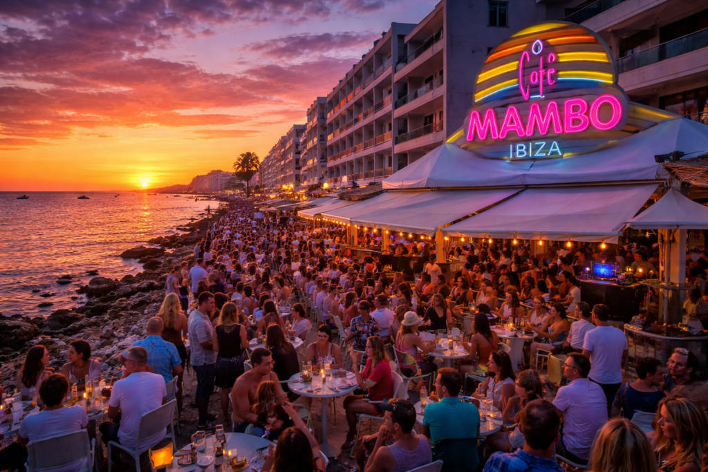 Ibiza Resort Guide 2026: Where to Stay and What to Do 6 busy crowds eating and drinking at café mambo Ibiza