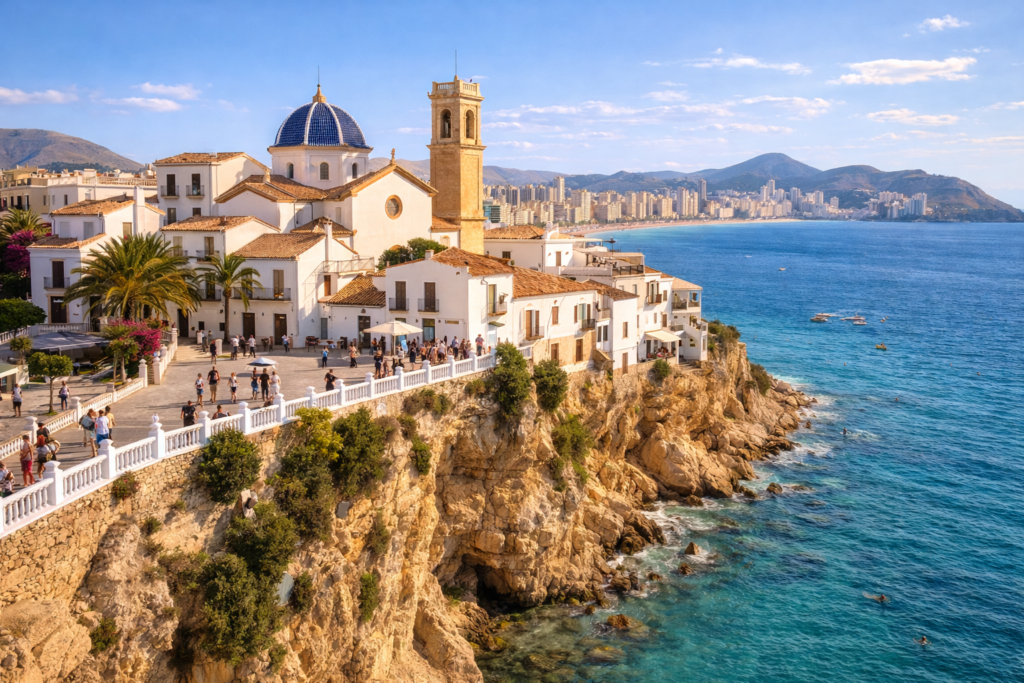 View of Benidorm Old Town (Casco Antiguo) on a cliffside with whitewashed buildings, blue-domed church, and turquoise Mediterranean sea