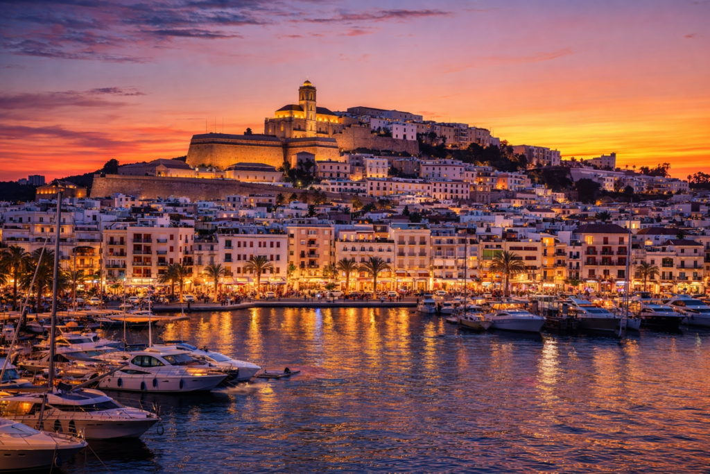 Ibiza Resort Guide 2026: Where to Stay and What to Do 3 The pier and yachts at Ibiza Town / Eivissa with the ancient structures in the background on the hill