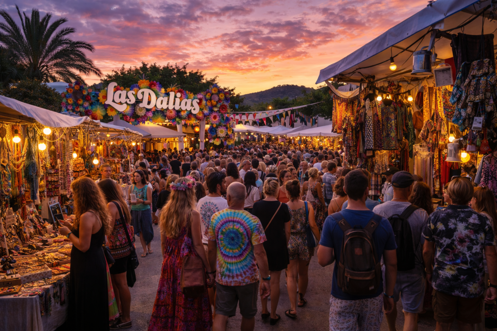 Ibiza Resort Guide 2026: Where to Stay and What to Do 8 people shopping at a busy Las Dalias hippy market