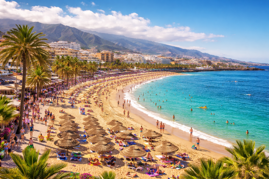 Tenerife Resort Guide 2026: Best Areas, Beaches & Things to Do 1 Busy beach at Playa de las Américas in Tenerife with golden sand, turquoise sea, sunbathers under parasols, palm-lined promenade, and mountains in the background.