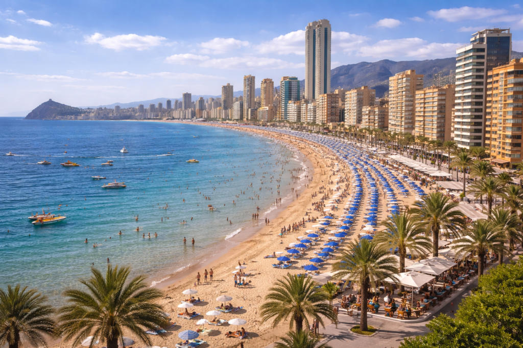 Wide view of Poniente Beach in Benidorm showing curved coastline, blue parasols, calm sea, and modern city skyline backed by mountains